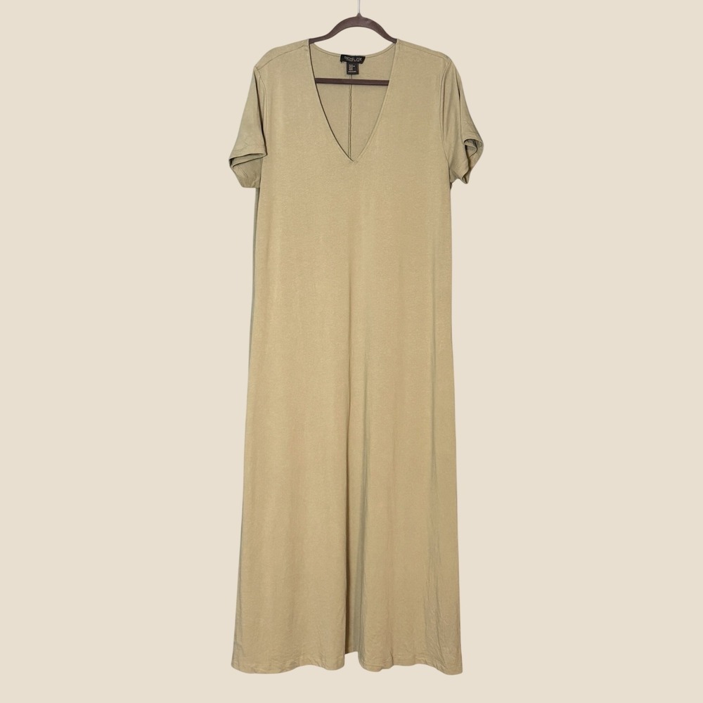 Rachel Zoe T-Shirt Maxi Dress V-Neck Size XL Khaki Short Sleeve Cotton Side Slit - Picture 2 of 13